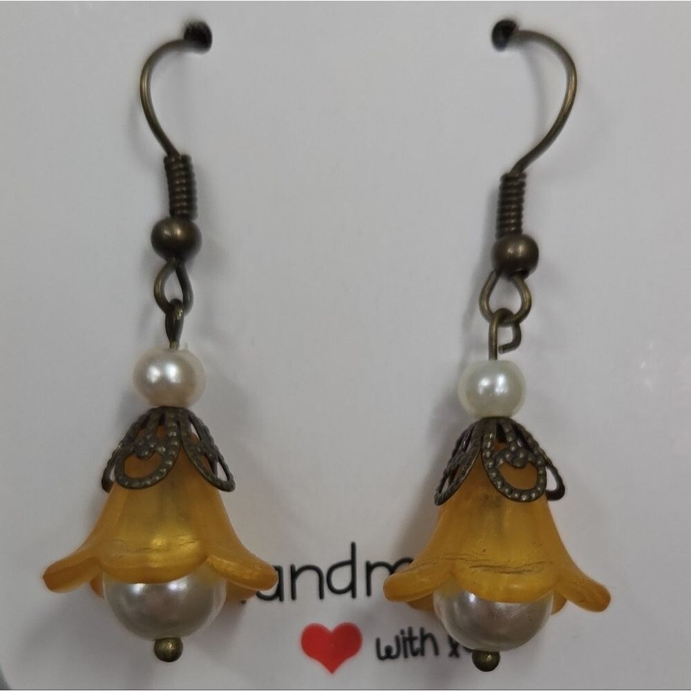 HANDMADE Apricot Flower Drop Earrings With Faux Pearls & Antique Brass Accents
